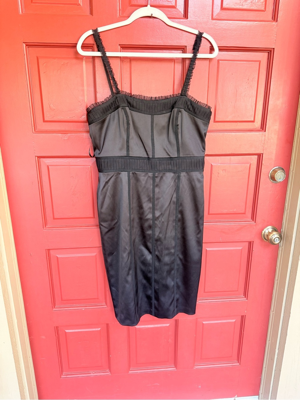 White House Black Market Black Satin Slip with Ruffled Straps like new